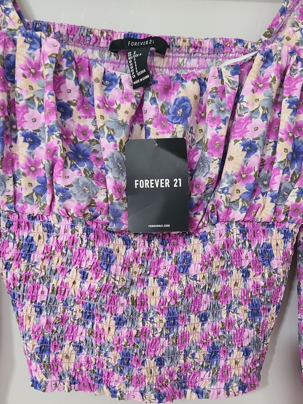 Forever 21 Floral Smocked Crop Top in Pink and Blue